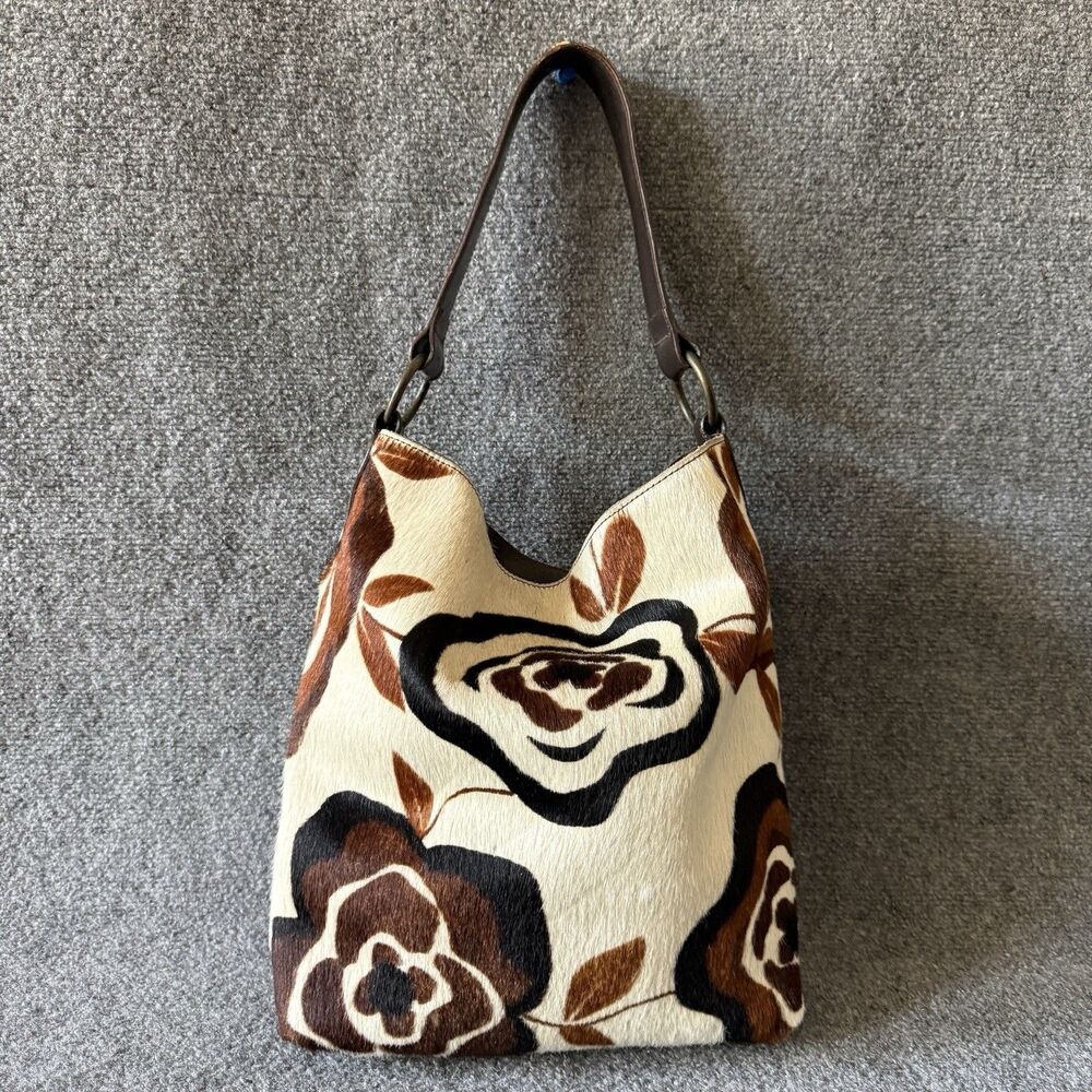 Maurizio Taiuti Cream/Brown Floral Hobo Bag Brown Strap Calf Hair Leather